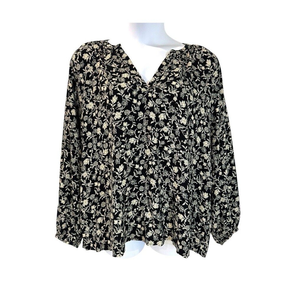 Old Navy Women’s XL TALL Floral Blouse Long Sleeve Split Neck Black